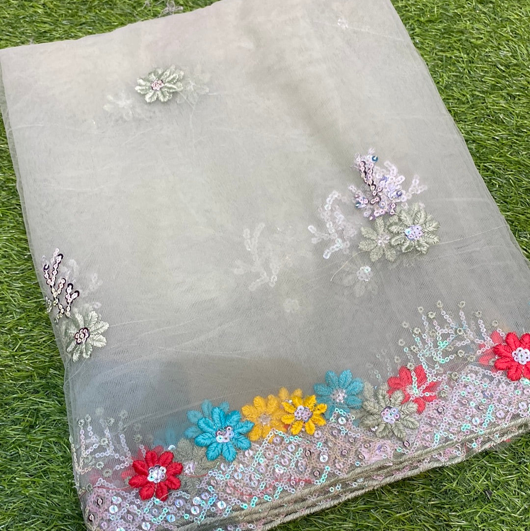 Grey Hand Embroidered Net Fabric