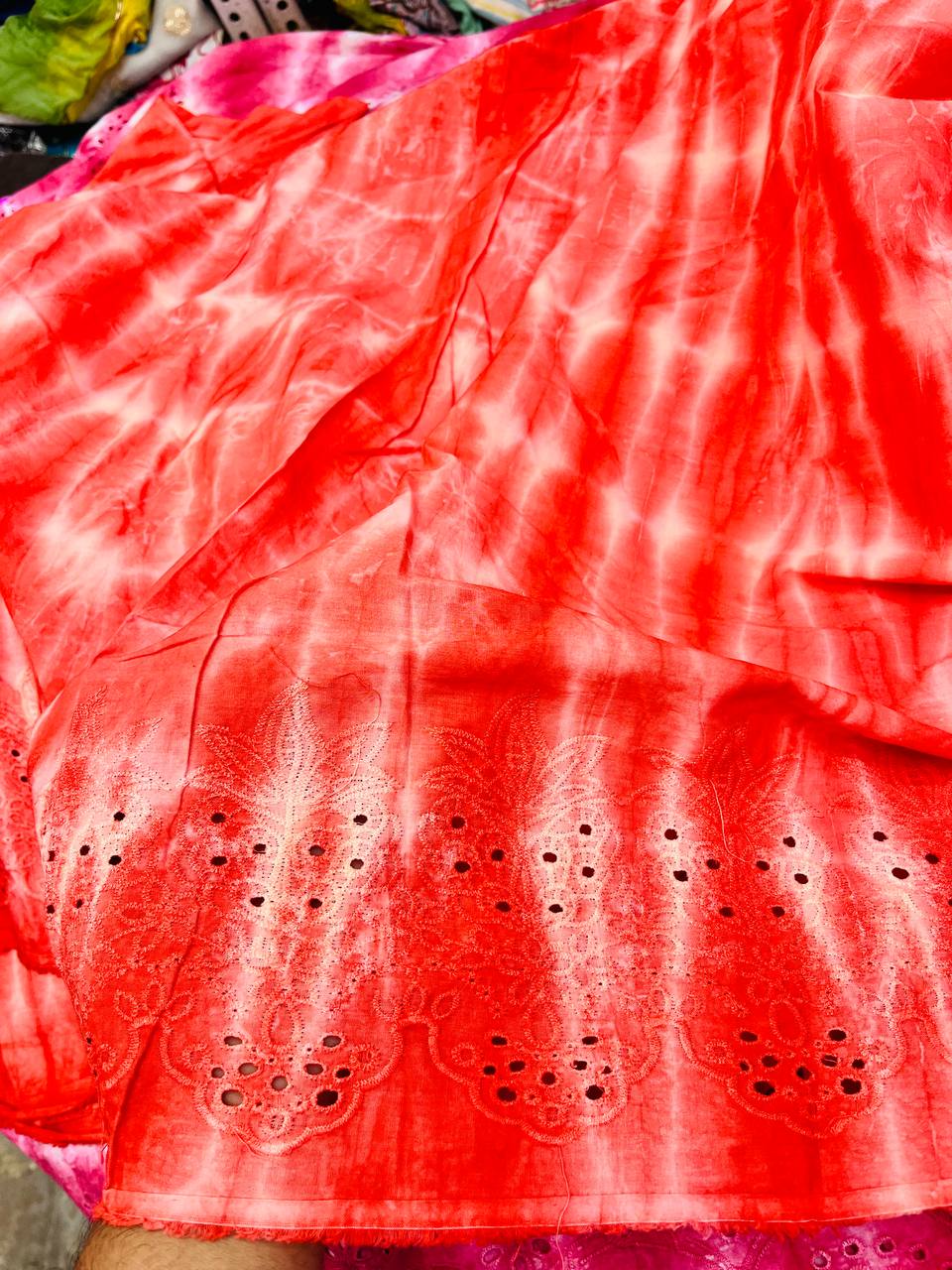 Most Premium Fine Hakuba Chikankari Embroidery On Pure Cotton Tie& Dye FABRIC (Big WIDTH!!)
