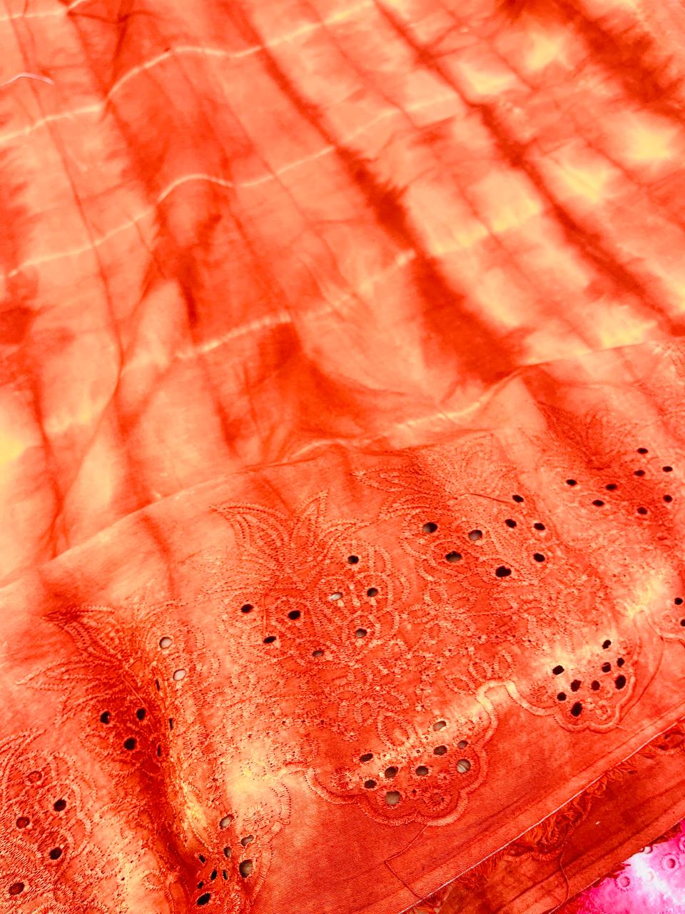 Most Premium Fine Hakuba Chikankari Embroidery On Pure Cotton Tie& Dye FABRIC (Big WIDTH!!)