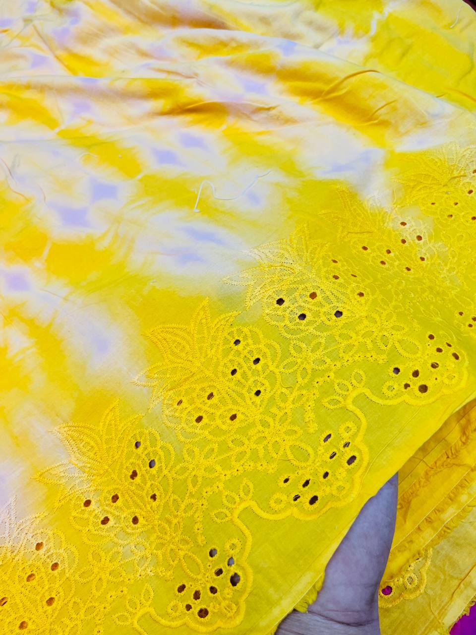Most Premium Fine Hakuba Chikankari Embroidery On Pure Cotton Tie& Dye FABRIC (Big WIDTH!!)