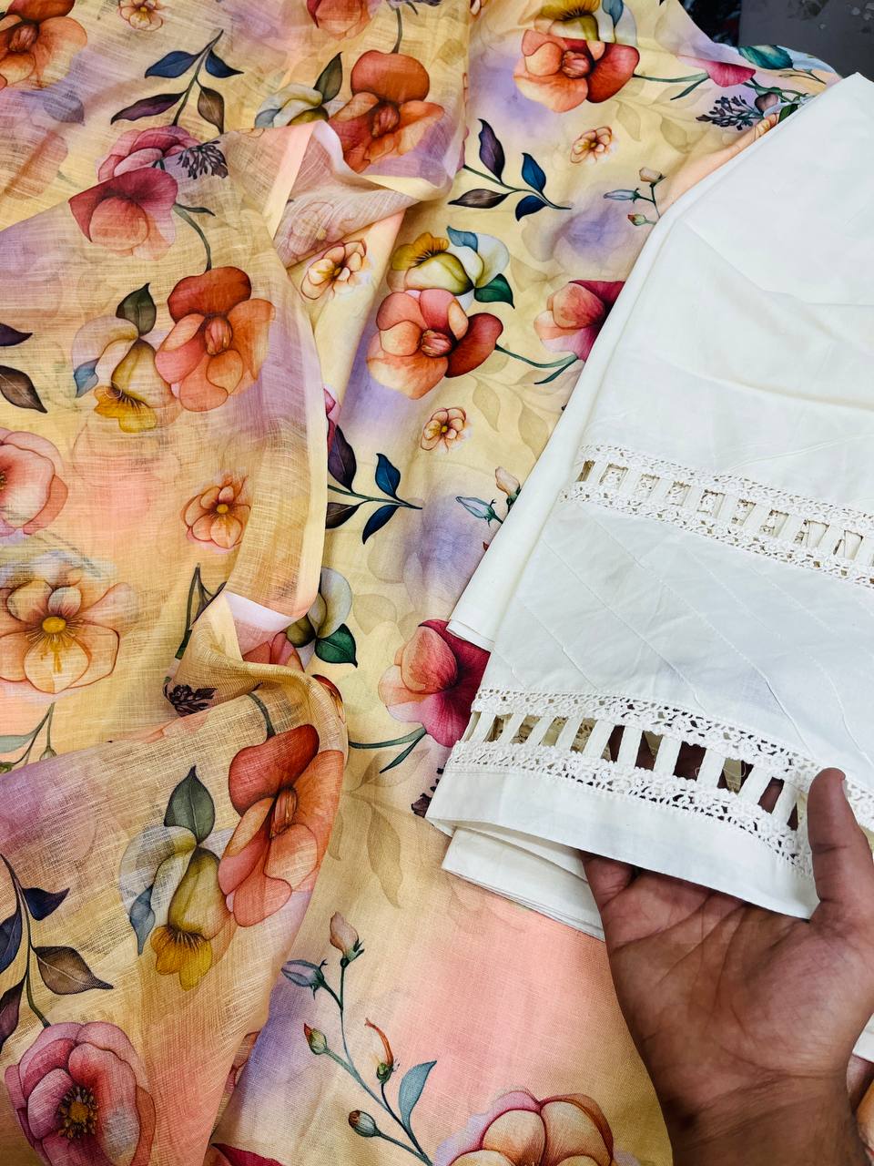 Premium Pure Cotton LINEN Suit With Dupatta (Fancy LACE Pintex Work)