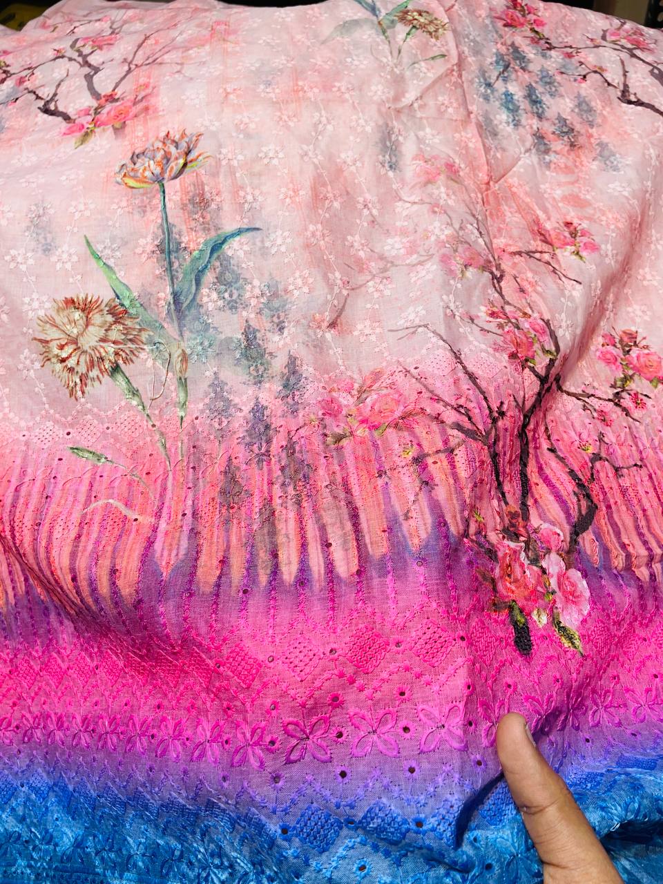 Most Premium Fine Chikankari & Hakuba Embroidery On Pure Cotton PRINTED FABRIC