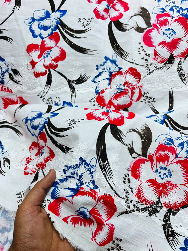 Premium Fine Hakuba Chikankari On PRINTED Pure Cotton 80*80 FABRIC (Big WIDTH!!)