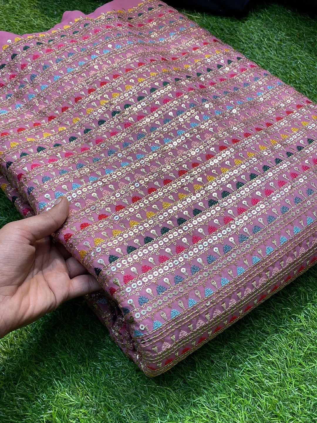 Premium Pure Quality Of Georgette With Multi Color Threads Embroidery ( ONION PINK )