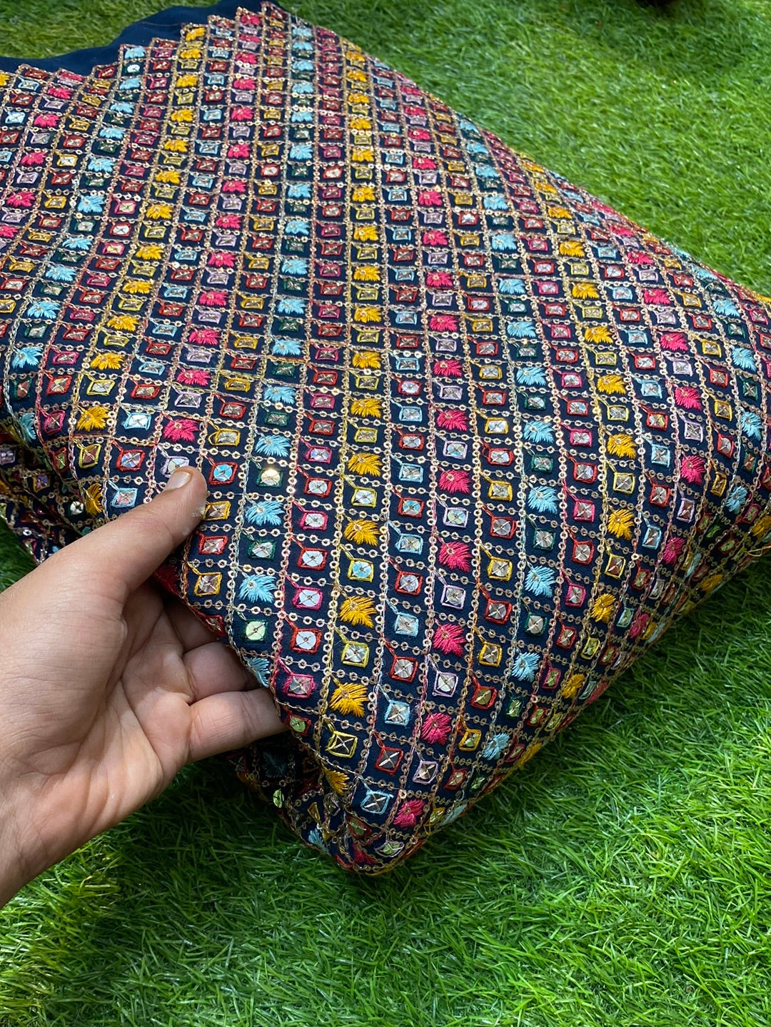 Premium Pure Quality Of Georgette With Multi Color Threads Embroidery ( Chemical Blue )