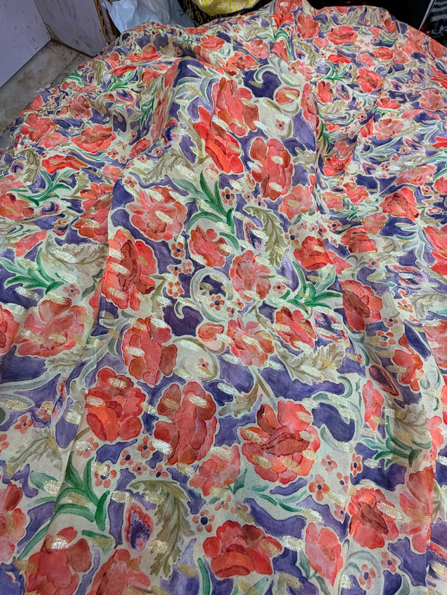 Most Premium Pure Georgette Fine Zari Weaving Printed FABRIC (Big Width)