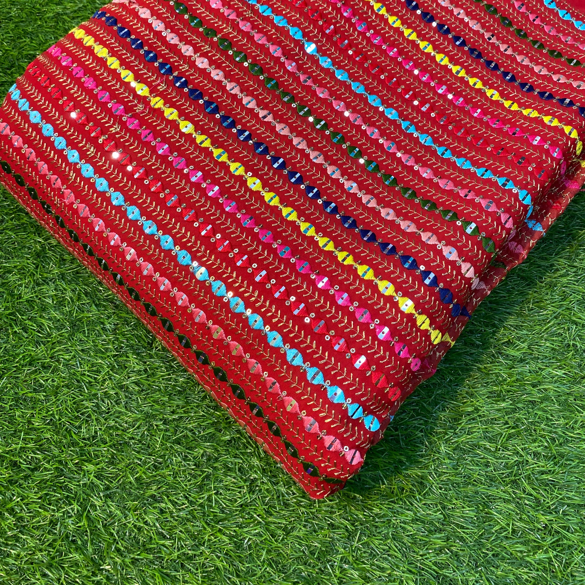 Premium Pure Quality Of Georgette With Zara Sequin Resham Thread ( RED )