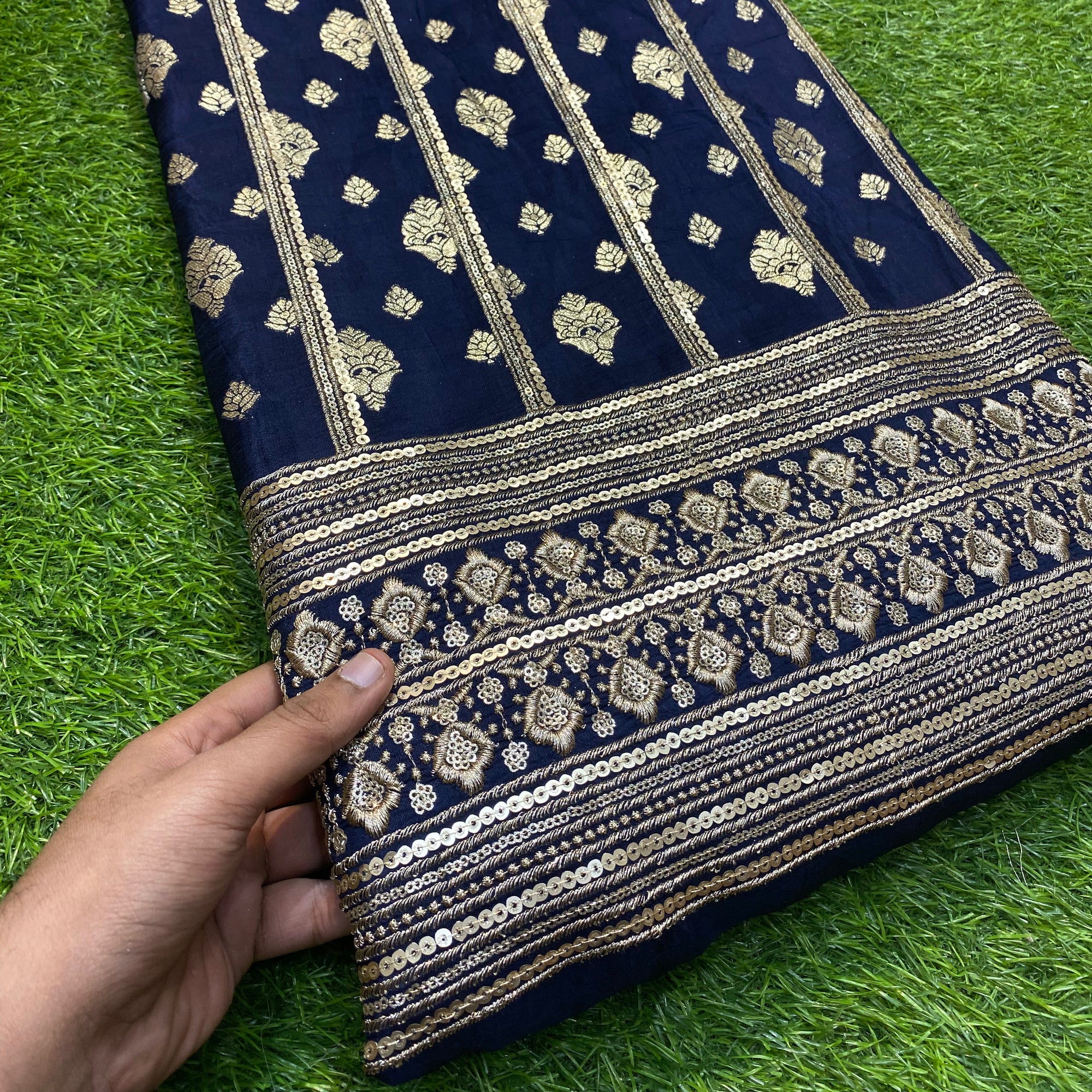 Premium Quality Of Dola Silk With Fine Zari Weaving & Sequin Zari Embroidery ( Dark Blue )