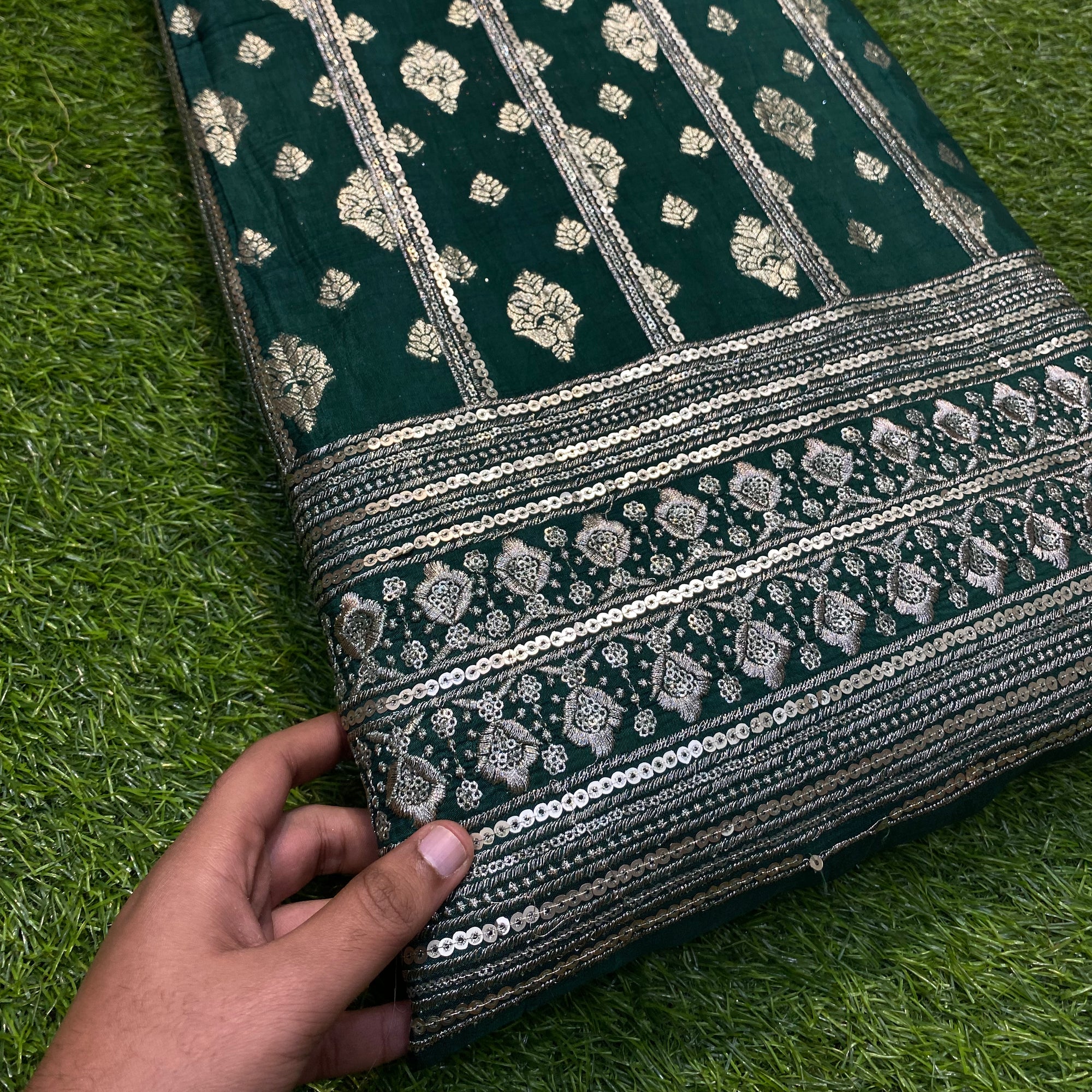 Premium Quality Of Dola Silk With Fine Zari Weaving & Sequin Zari Embroidery ( Dark Green )