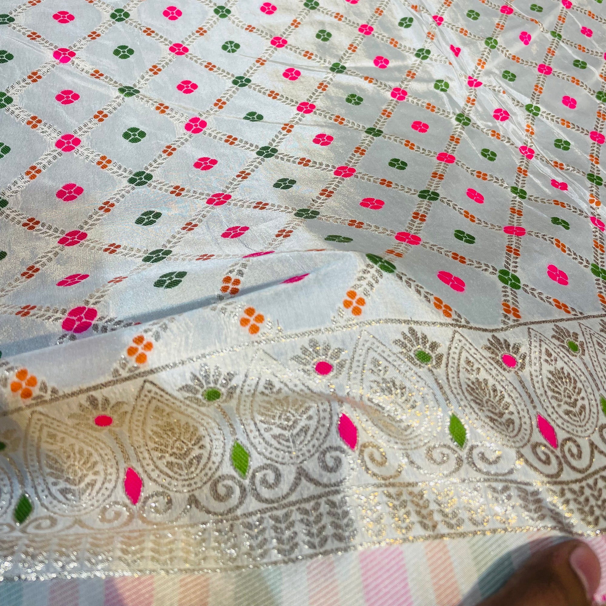 Most Premium Quality Of Dola Silk Weaving Fine Meena Zari Work (DYEABLE)