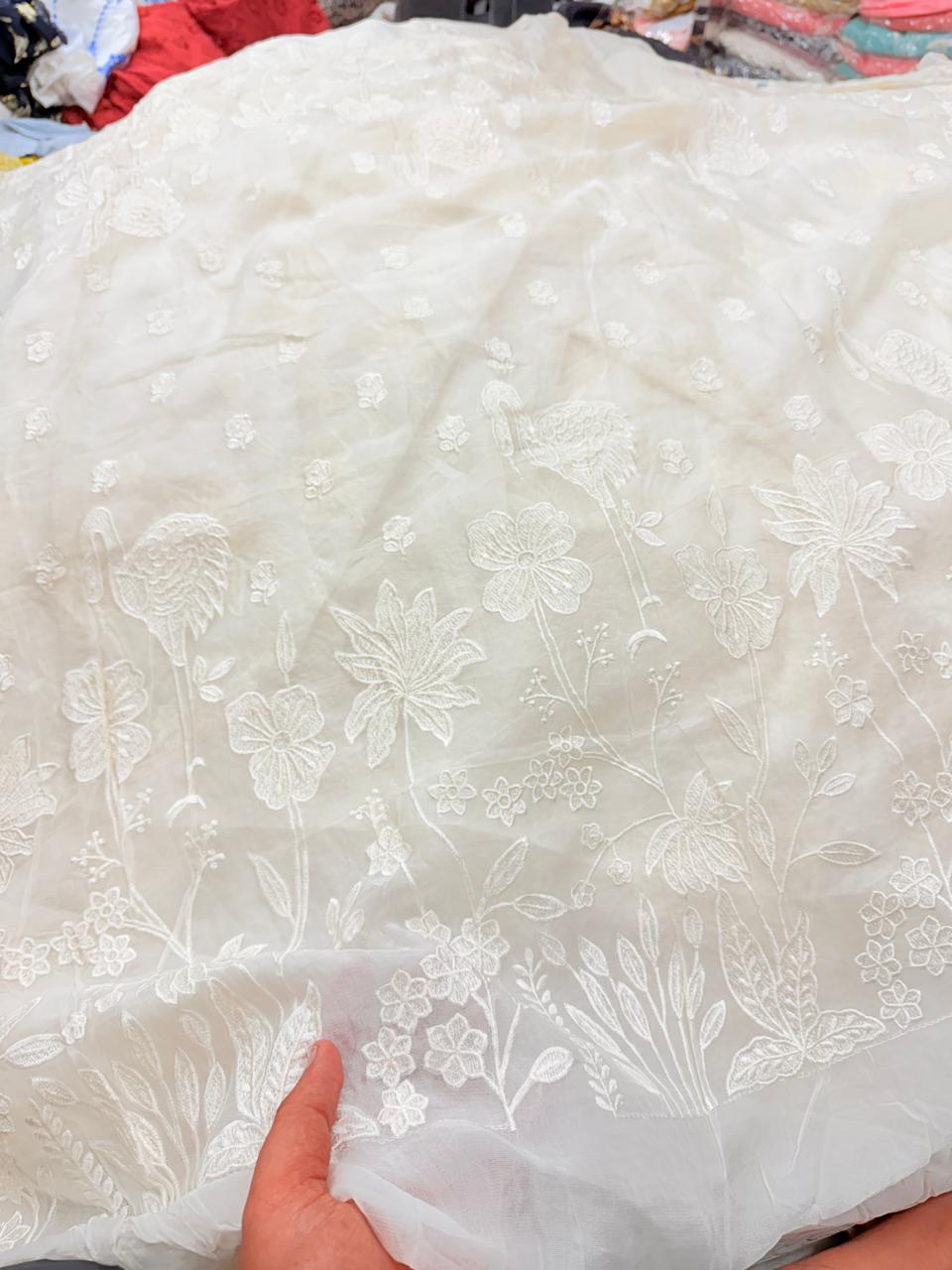 Premium Fine Lakhnawi With Chikan On Pure Organza FABRIC (Big WIDTH!!) (Dyeable Also)