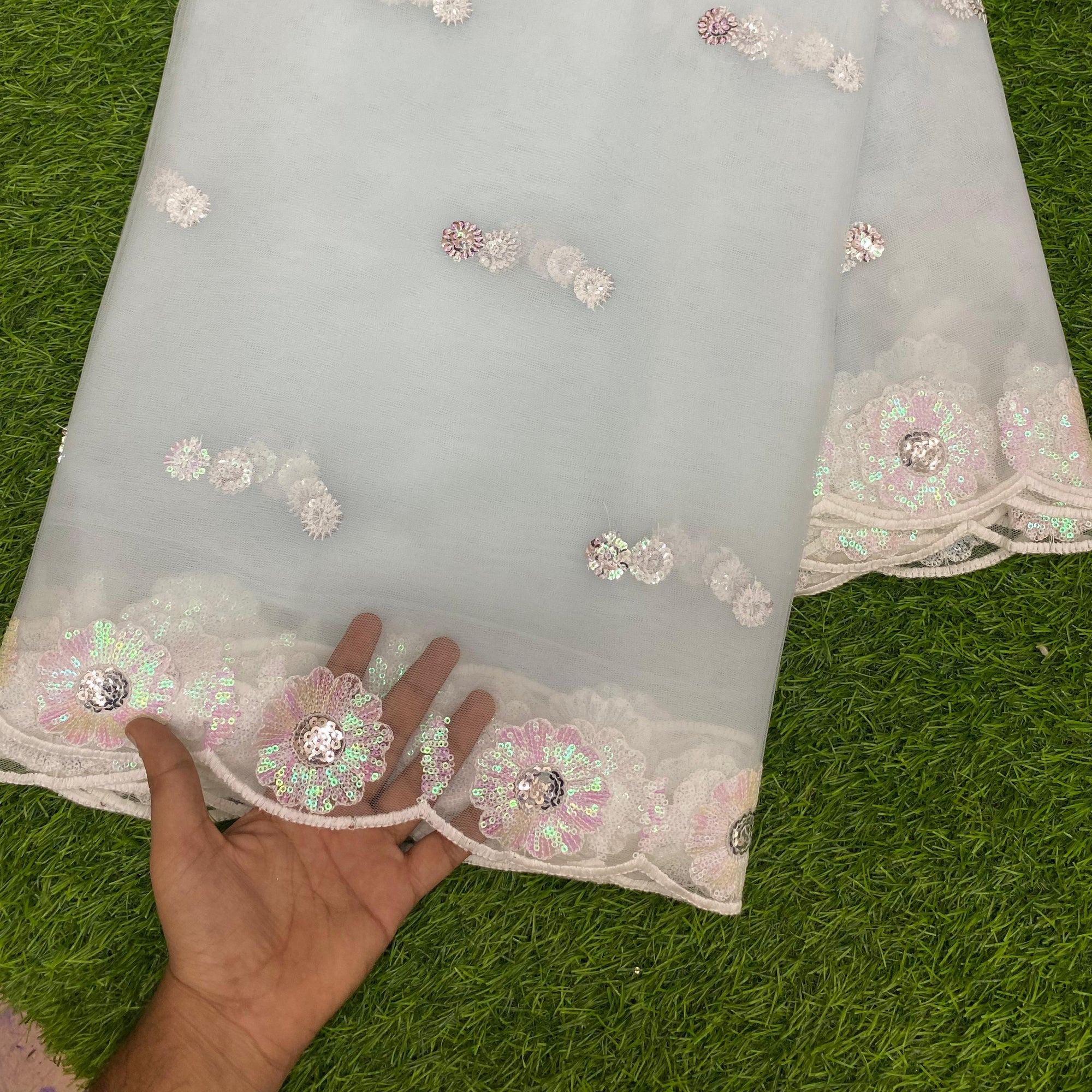 Premium Imported Net Fabric With Zara Sequin ( Sea Blue )