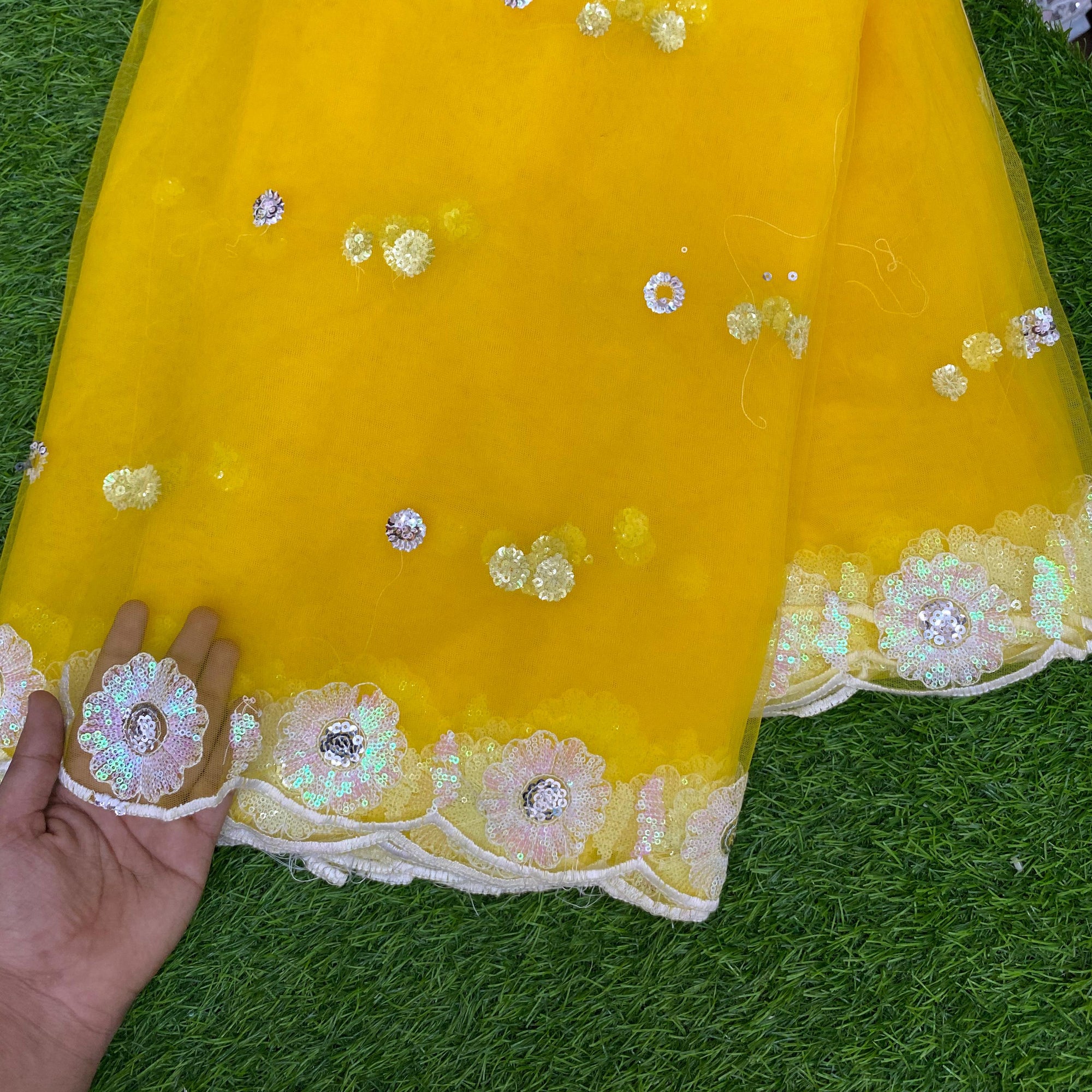 Premium Imported Net Fabric With Zara Sequin ( Yellow )
