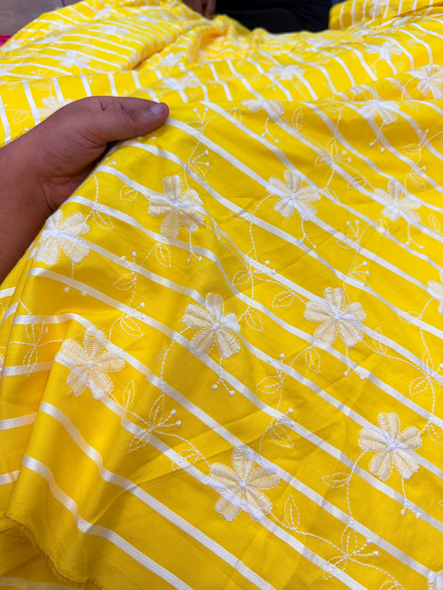 Most Premium Pure Fine Thread Embroidery On Stripes Cotton FABRIC (Big WIDTH!!)