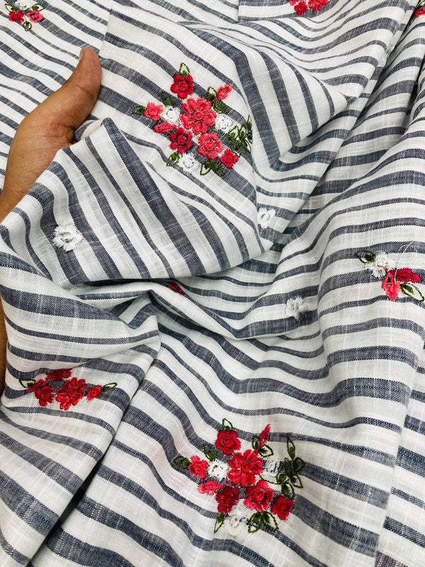 Most Premium Pure Fine Thread Embroidery On Stripes Cotton FABRIC (Big WIDTH!!)