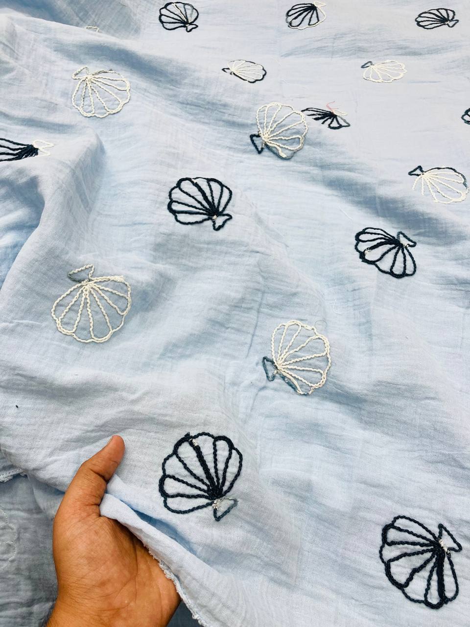 Premium Fine 3D Dori Work With Chikan On Pure Double Cloth Cotton (Big WIDTH!!)