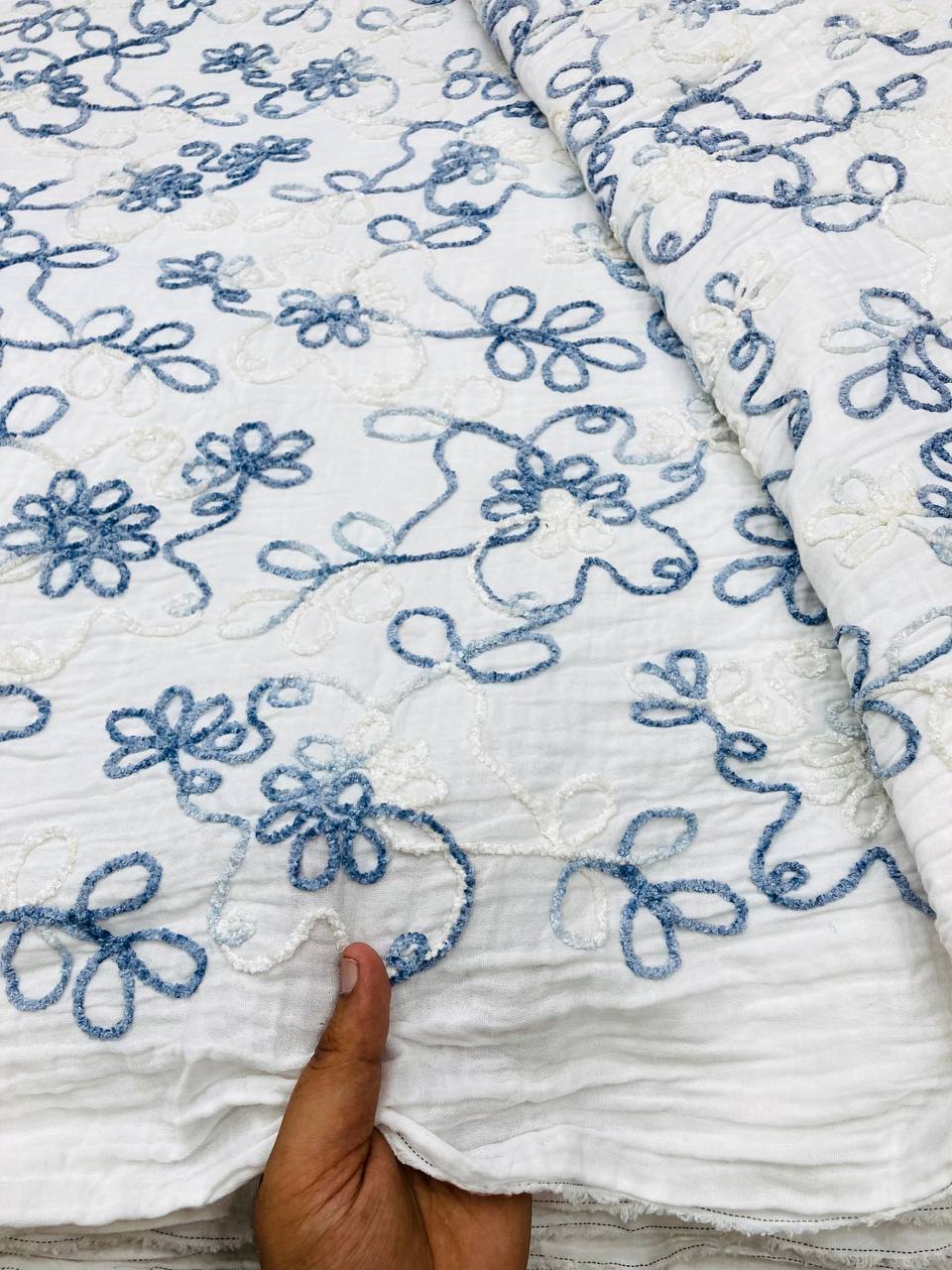 Premium Fine 3D Dori Work With Chikan On Pure Double Cloth Cotton (Big WIDTH!!)