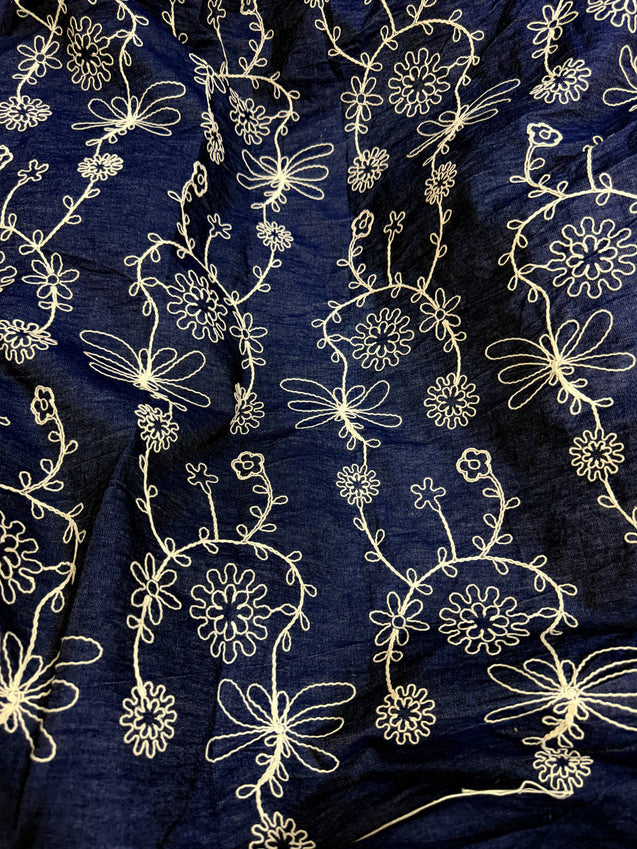 Most Premium Pure Denim Chikankari Cotton Fabric (Big WIDTH!!)
