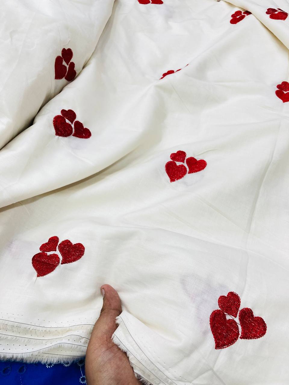 Most Premium Pure Fine Heart Embroidery On Cotton FABRIC (Big WIDTH!!)
