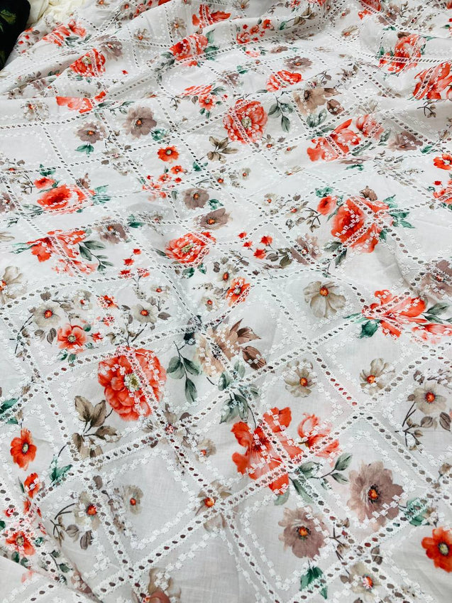 Most Premium Pure Cotton Hakuba Chikankari Printed Fabric (Big WIDTH!!)