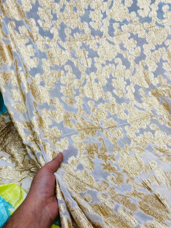 Premium Fine Zari Weaving On Pure Viscose Georgette FABRIC (Big WIDTH!!) DYEABLE ALSO