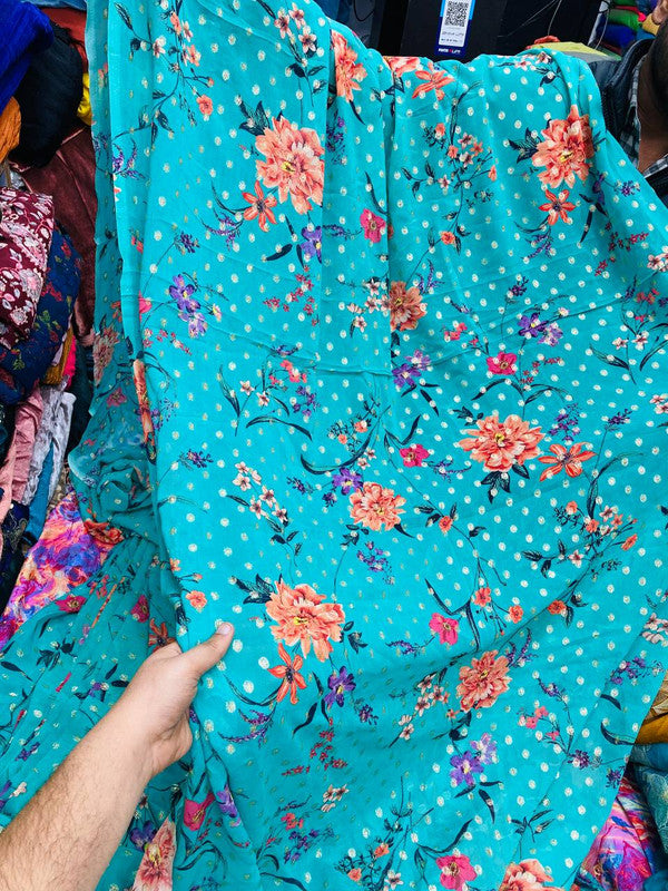 Most Premium Fine Zari Weaving On Pure Printed Georgette FABRIC