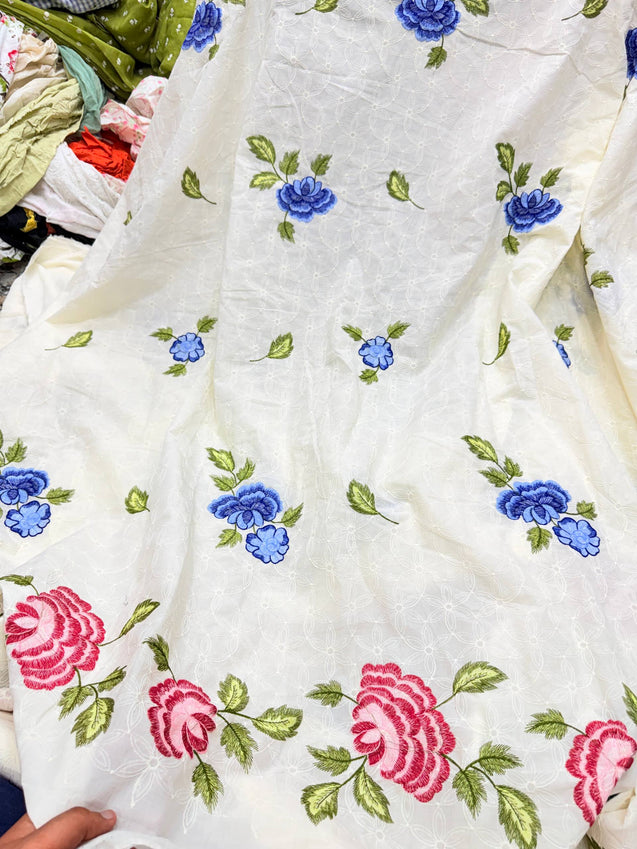 Most Premium Pure Fine Thread Embroidery On Hakuba Chikanakri Cotton FABRIC (Big WIDTH!!)