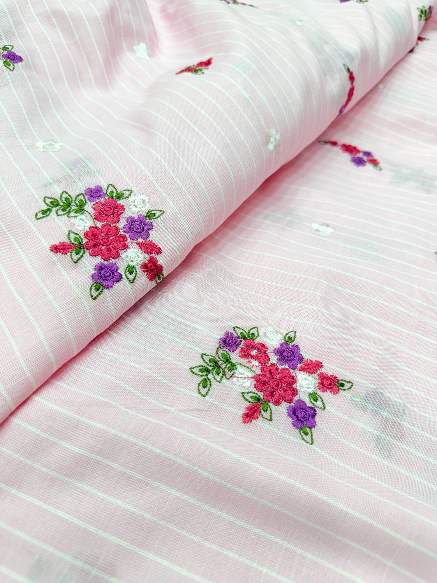 Most Premium Pure Fine Thread Embroidery On Stripes Cotton FABRIC (Big WIDTH!!)