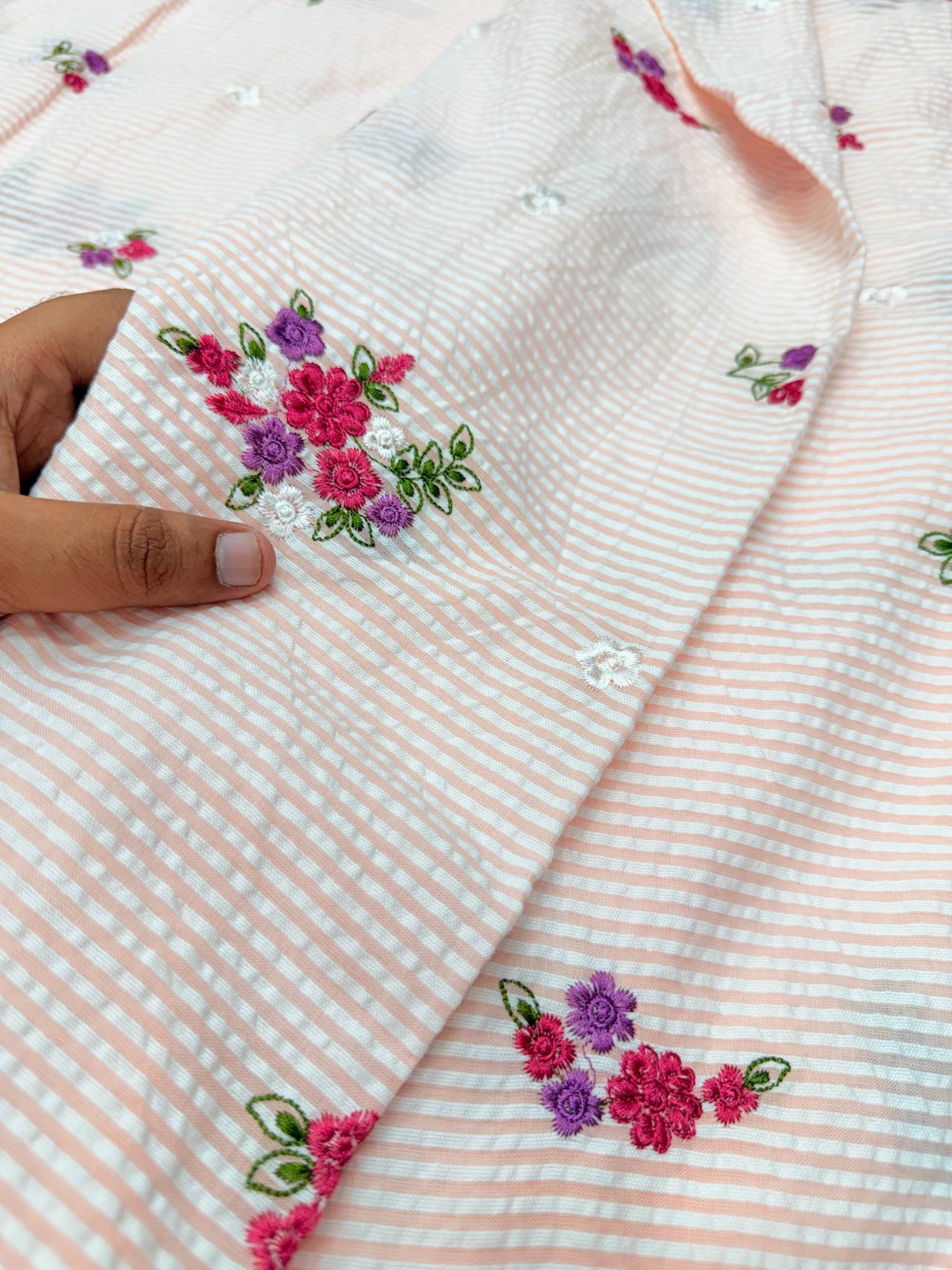 Most Premium Pure Fine Thread Embroidery On Stripes Sher Shakkar Cotton FABRIC (Big WIDTH!!)
