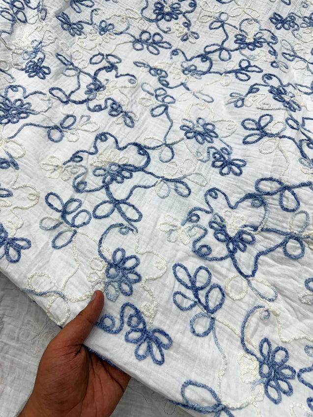 Premium Fine 3D Dori Work With Chikan On Pure Double Cloth Cotton (Big WIDTH!!)