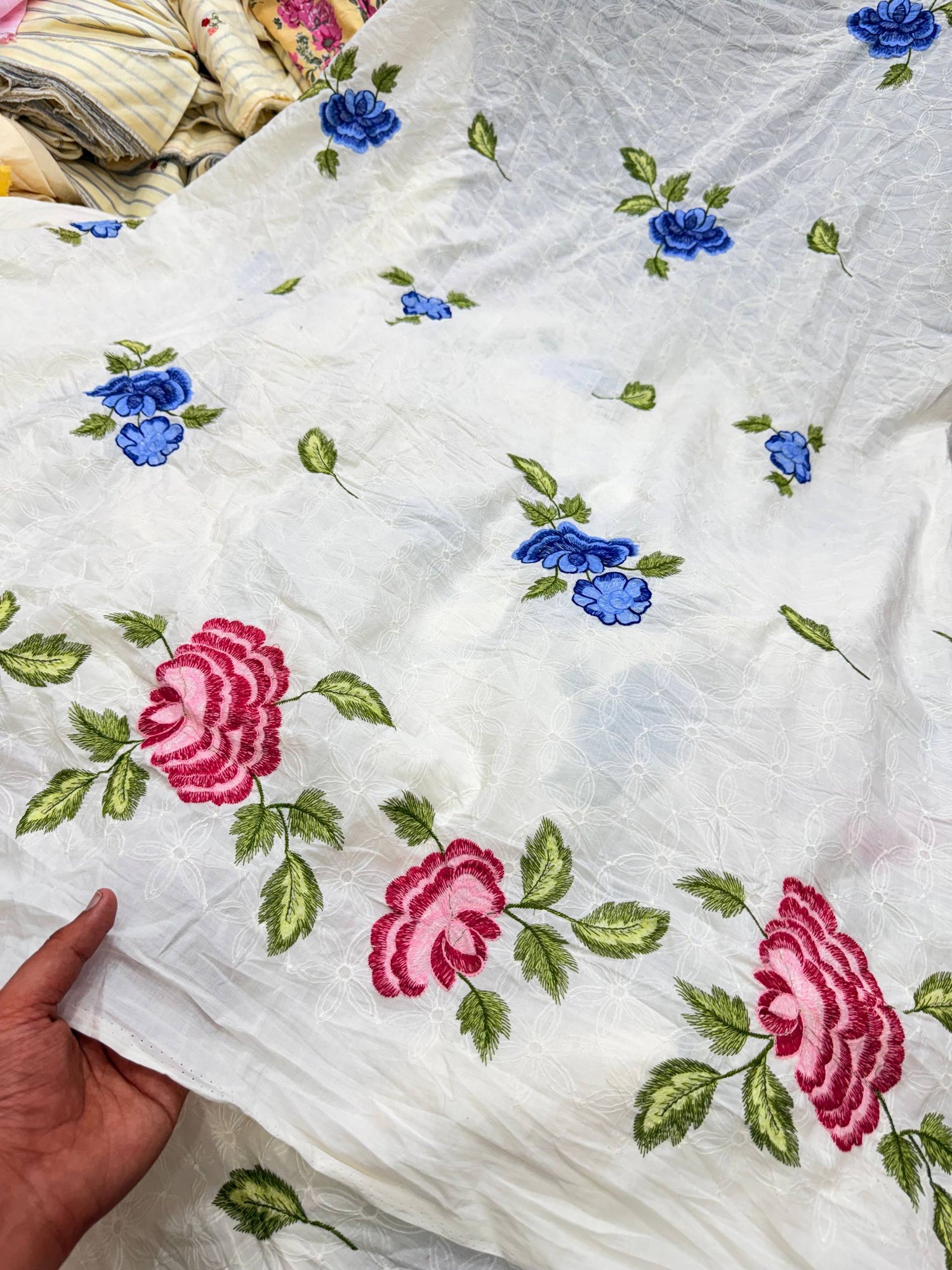 Most Premium Pure Fine Thread Embroidery On Hakuba Chikanakri Cotton FABRIC (Big WIDTH!!)