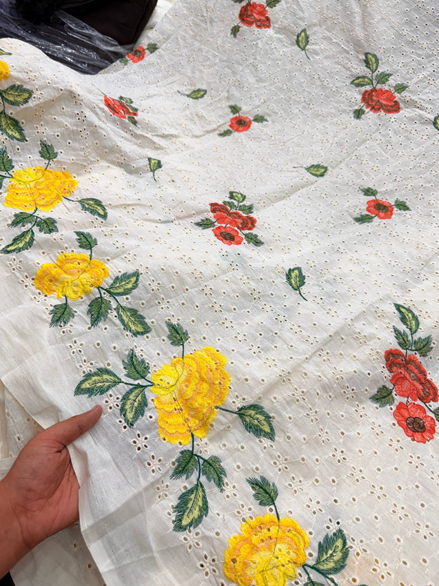 Most Premium Pure Fine Thread Embroidery On Hakuba Chikanakri Cotton FABRIC (Big WIDTH!!)