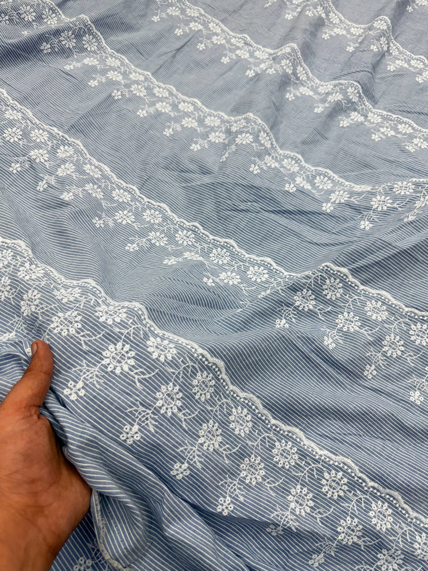Most Premium Pure Fine Thread Embroidery On Stripes Cotton FABRIC (Big WIDTH!!)