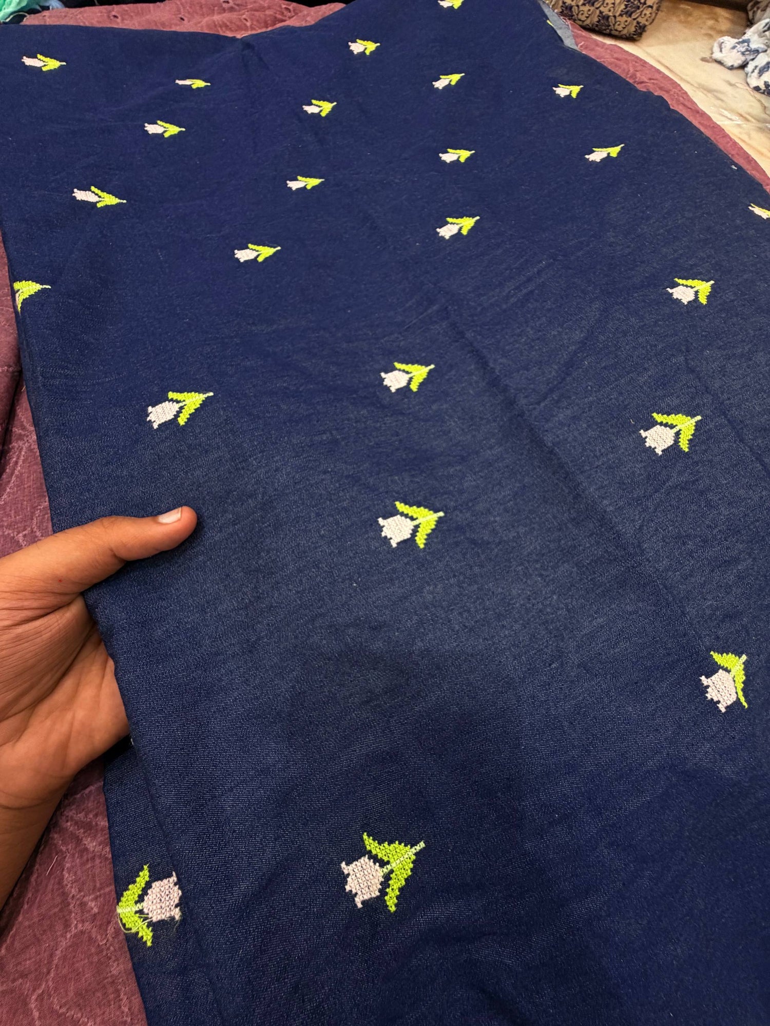 Most Premium Pure Chikankari Denim Cotton Fabric (Big WIDTH!!)
