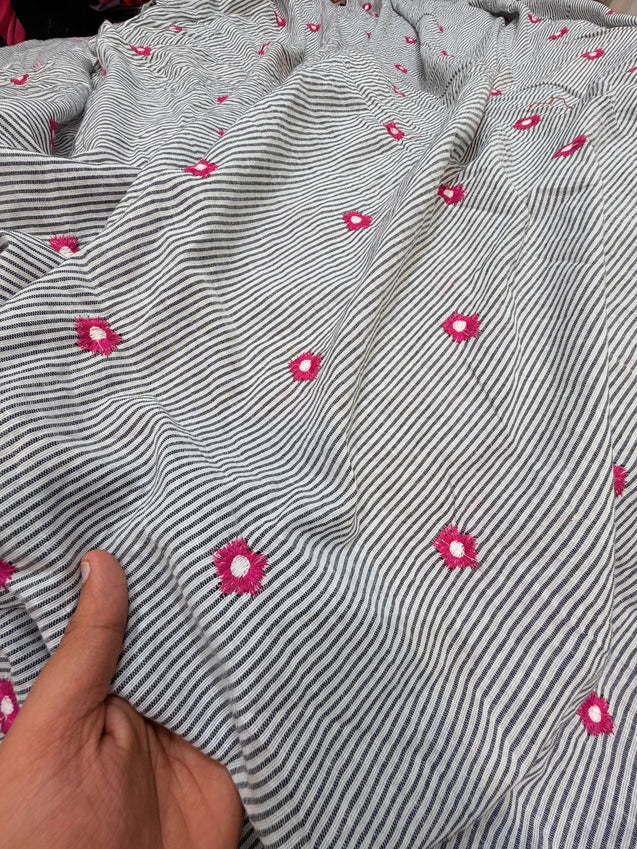 Most Premium Pure Fine Thread Embroidery On Stripes Cotton FABRIC (Big WIDTH!!)