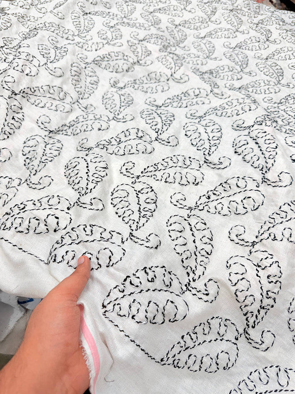Premium Fine 3D Dori Work With Chikan On Pure Linen FABRIC (Big WIDTH!!) (Dyeable Also)