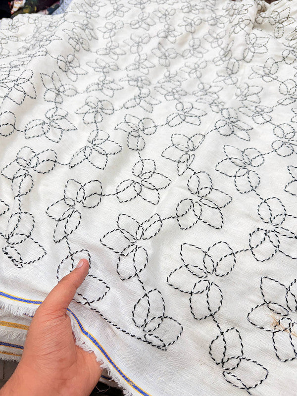 Premium Fine 3D Dori Work With Chikan On Pure Linen FABRIC (Big WIDTH!!) (Dyeable Also)