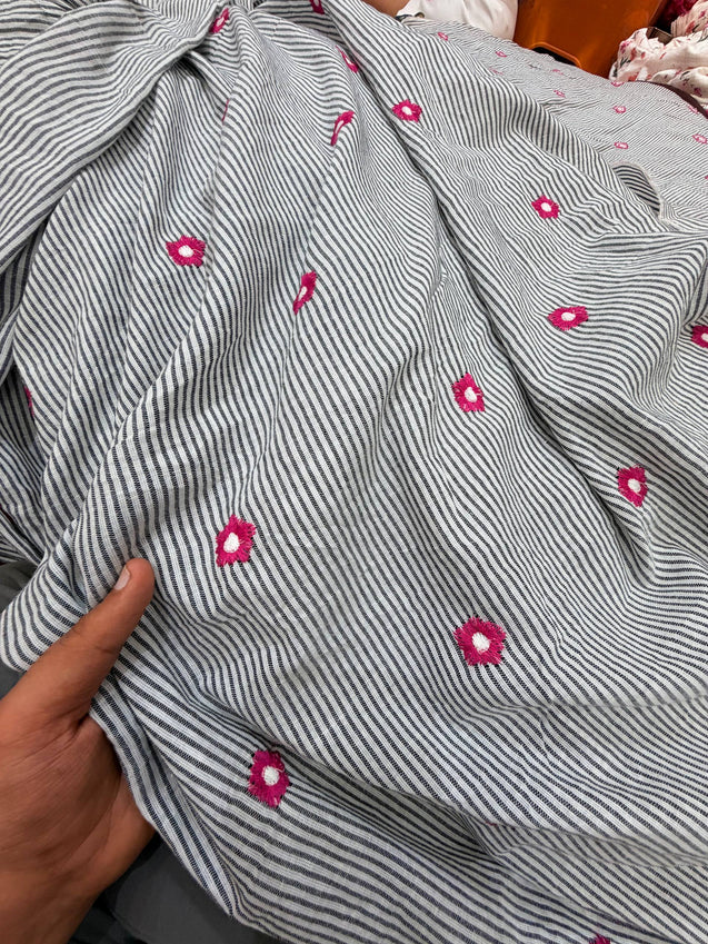 Most Premium Pure Fine Thread Embroidery On Stripes Cotton FABRIC (Big WIDTH!!)