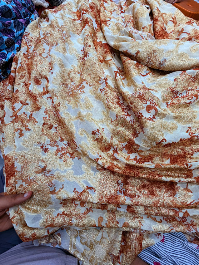Most Premium Fine Zari Weaving On Pure PRINTED Georgette FABRIC