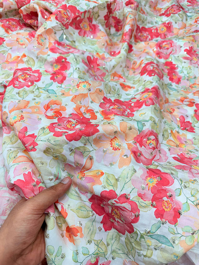 Most Premium BRANDED Pure Muslin Cotton PRINTED & Sequin Work FABRIC