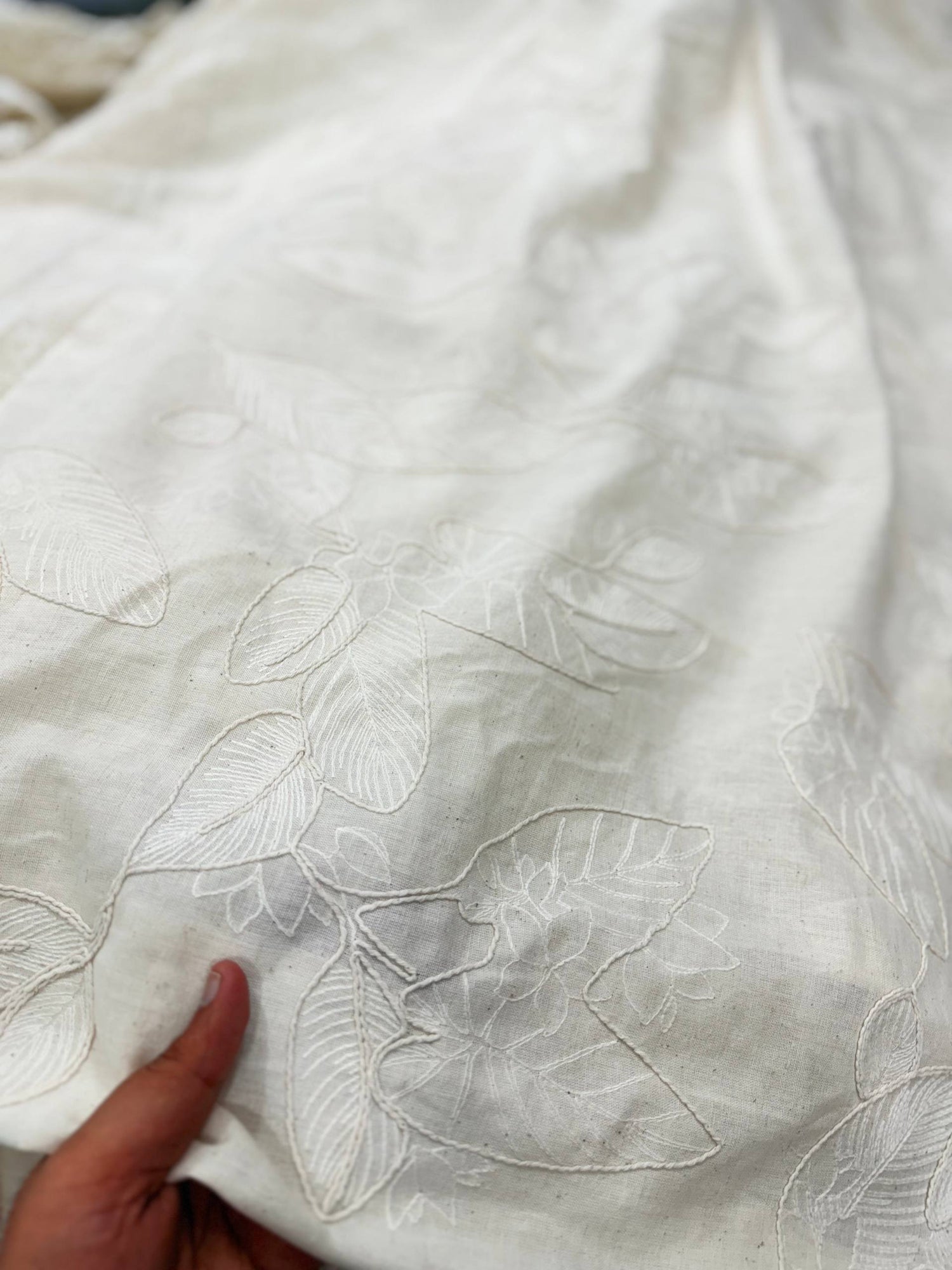Premium Fine 3D Dori Work With Chikan On Pure Linen Cotton FABRIC (Big WIDTH!!)