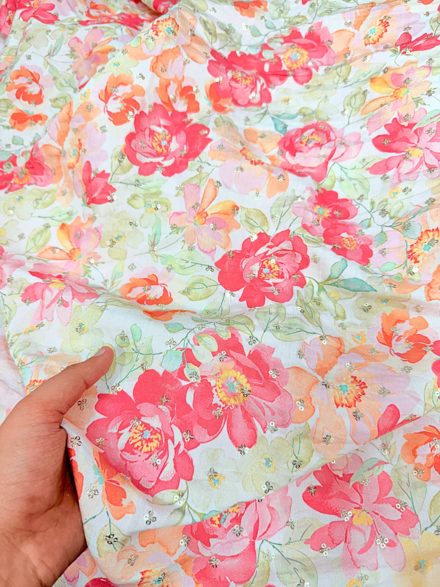 Most Premium BRANDED Pure Muslin Cotton PRINTED & Sequin Work FABRIC