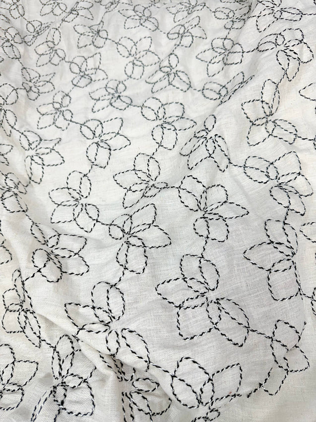 Premium Fine 3D Dori Work With Chikan On Pure Linen Cotton FABRIC (Big WIDTH!!)