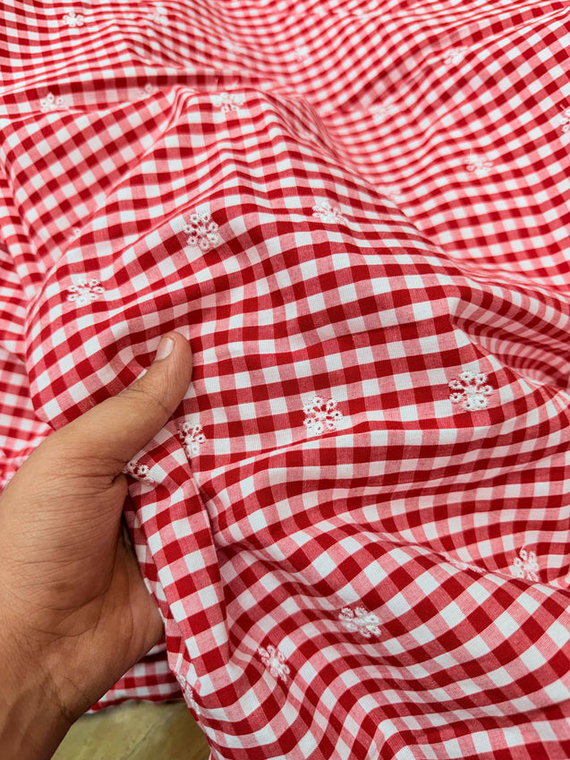 Most Premium Pure Fine Thread Embroidery On Checks Cotton FABRIC (Big WIDTH!!)
