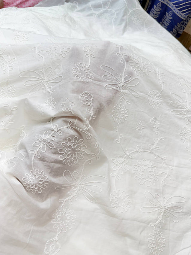 Premium Fine 3D Dori Work With Chikan On Pure Cotton FABRIC (Big WIDTH!!) (Dyeable Also)