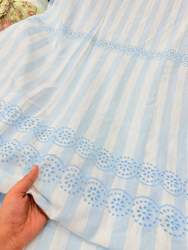 Most Premium Pure Fine Thread Embroidery On Stripes Cotton FABRIC (Big WIDTH!!)