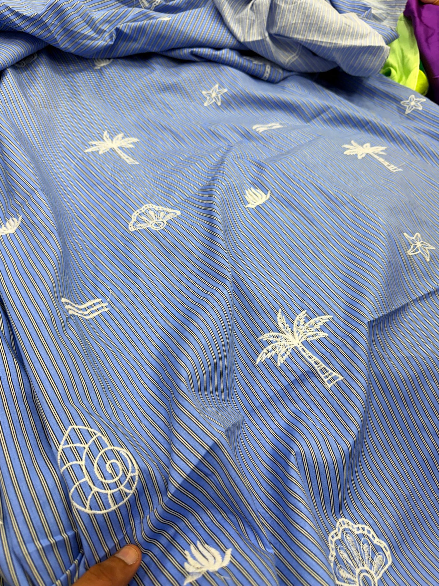 Most Premium Pure Fine Thread Embroidery On Stripes Cotton FABRIC (Big WIDTH!!)