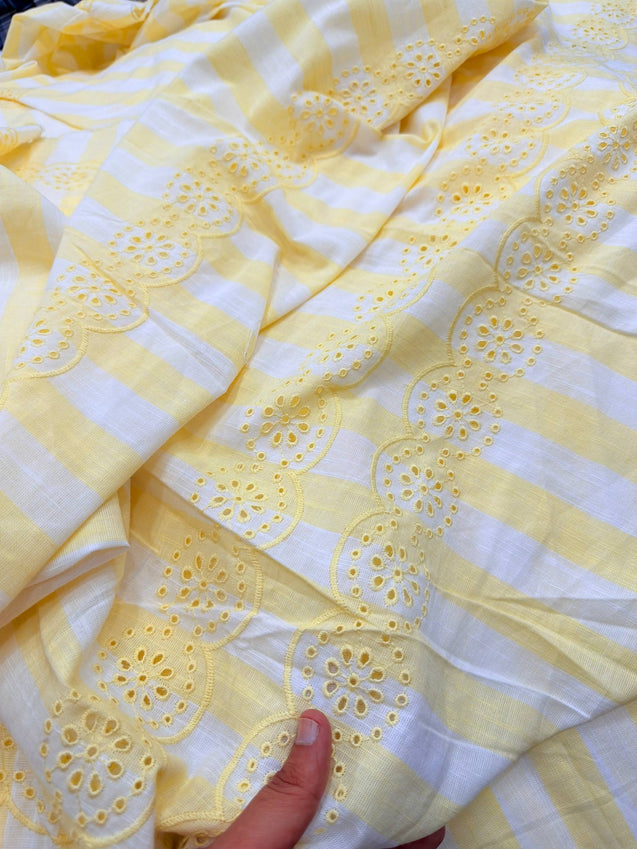 Most Premium Pure Fine Thread Embroidery On Stripes Cotton FABRIC (Big WIDTH!!)
