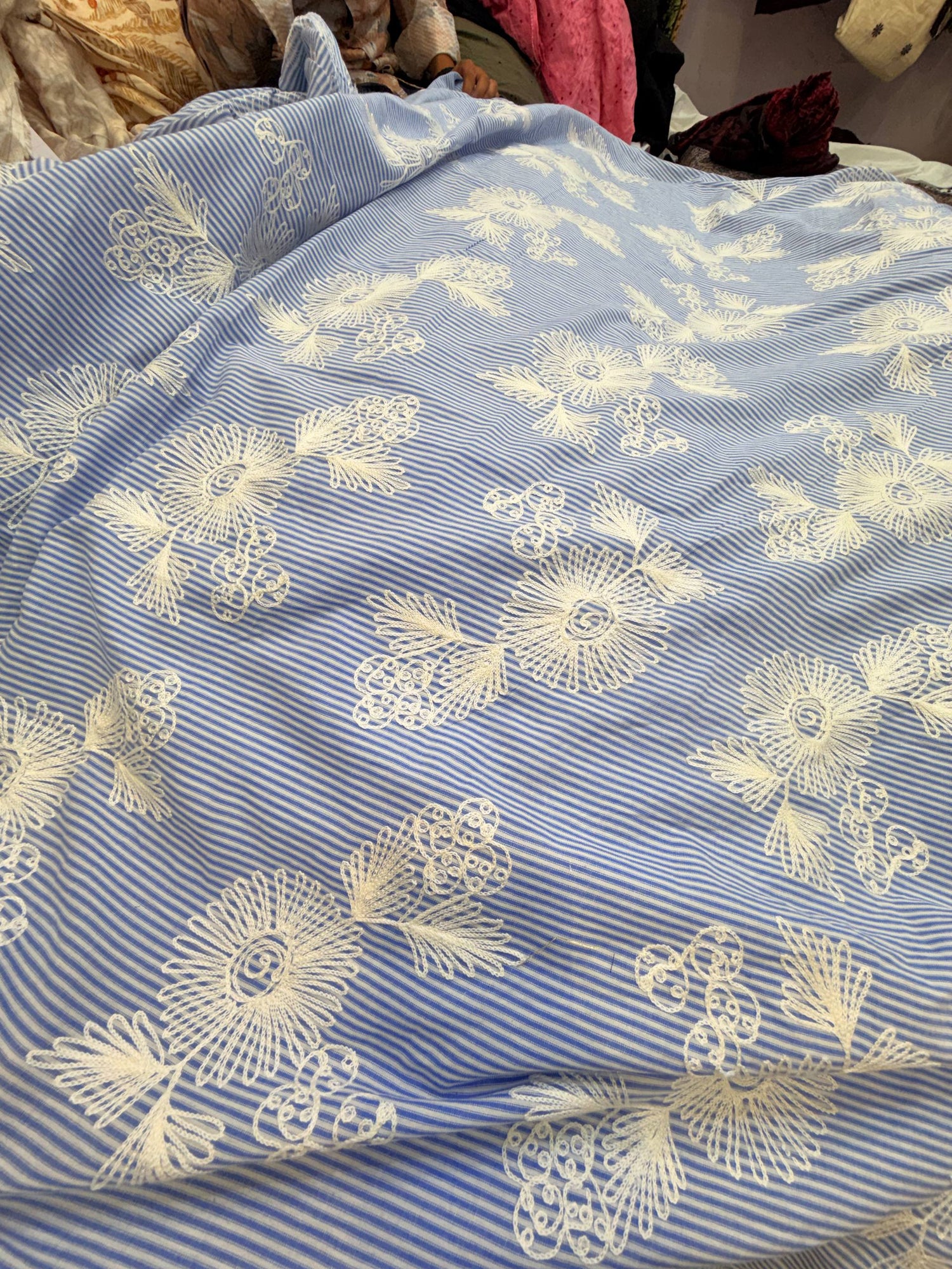 Most Premium Pure Fine Thread Embroidery On Stripes Cotton FABRIC (Big WIDTH!!)