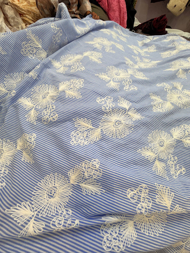 Most Premium Pure Fine Thread Embroidery On Stripes Cotton FABRIC (Big WIDTH!!)